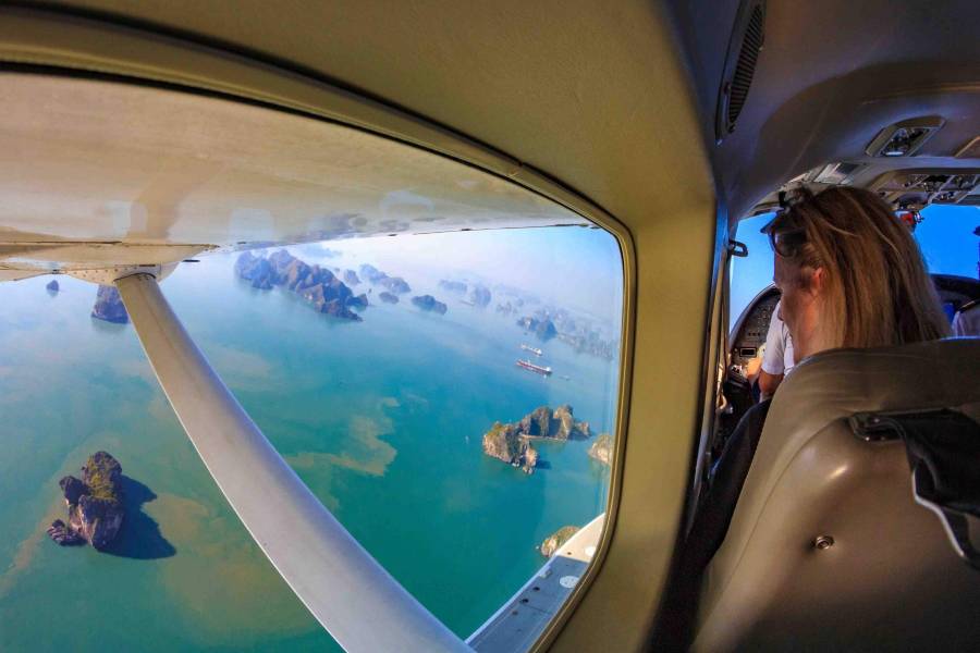 Enjoy breathtaking vistas of Halong Bay from a seaplane